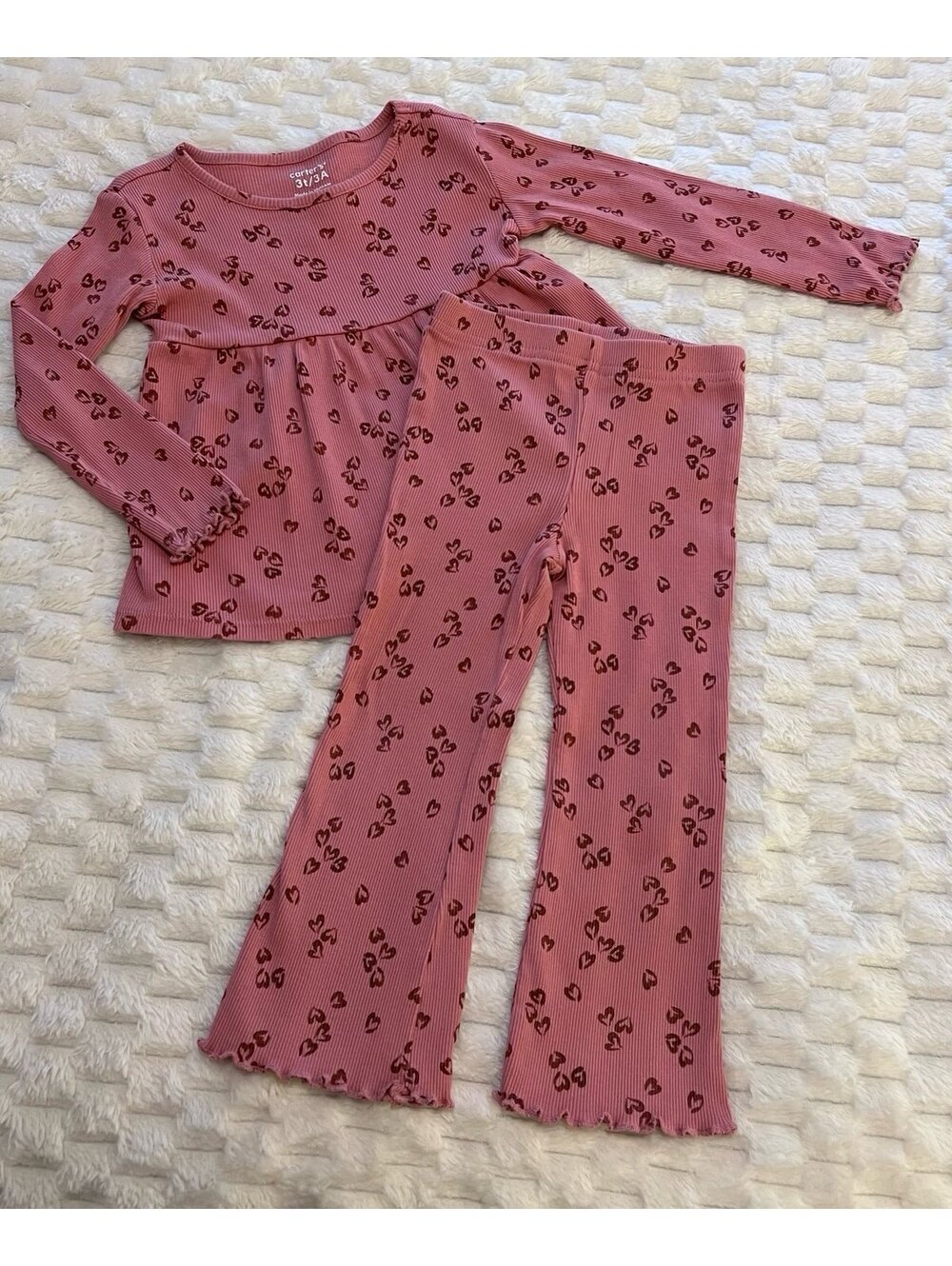Carter's Girls Pink Heart Print Long Sleeve Top & Flare Pants Outfit Set (3T)